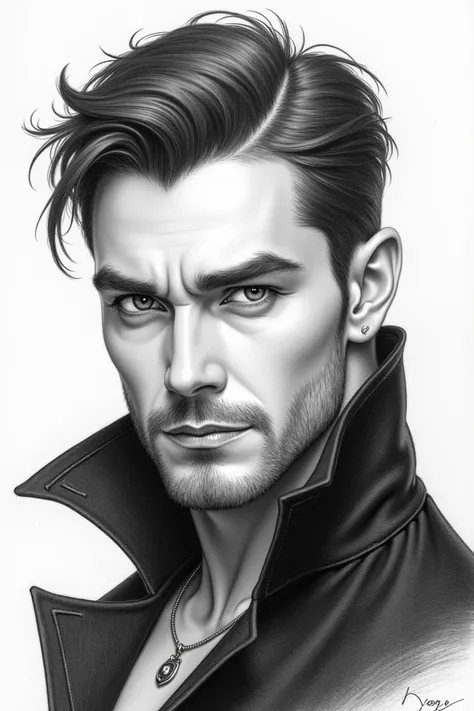 Hot handsome vampire with short hair and beard pencil sketch clean 