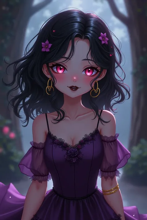 An anime child girl vampire, with hoop earrings, curly hair, golden bracelets,  purple dress, black lipstick, 