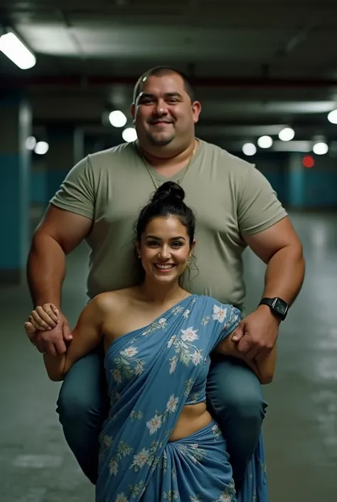 an overweight man on a tall slim smiling beautiful sexy Turkish athletic actress shoulders in a shade underground parking lot with lights , shoulder ride, carrying person, man on top half of image, woman on bottom half of image, she is wearing blue floral ...