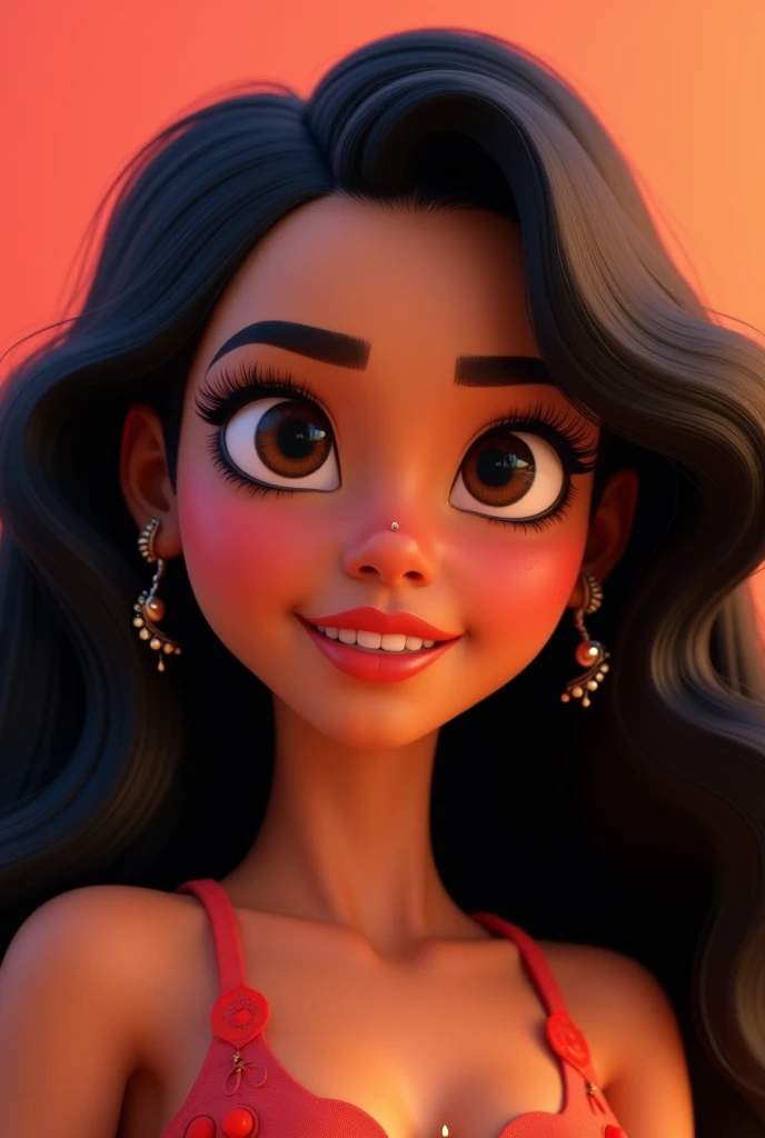 A girl in Pixar animation who has a little dark skin tone and long curly black hair type 3b that has a Latina makeup style and has a nose stud and eyeliner and quite big synthetic eyelashes 