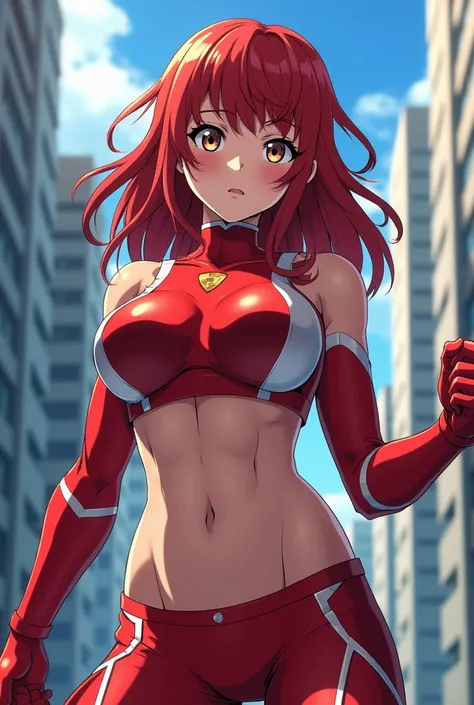  My Hero Academia style ,   anime girl , woman, young woman ,  full body shot ,( Fighting Stance :1.3),Long Hair,  red hair,   brown eyes , hero suit, Full Body Suit,  red suit with white details, perfect anatomy,  enhanced abs , super detailed,(building:1...