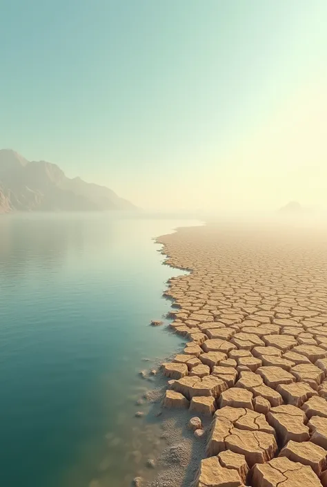 On the left side, a flooded area with water covering the ground.

On the right side, dry, cracked earth representing a drought.

A smooth transition in the middle where the water gradually gives way to dryness.

A soft, calm sky blending from light blue to...