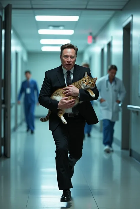 Elon bursts into his private clinic, cradling the cat in his arms, shouting for help.