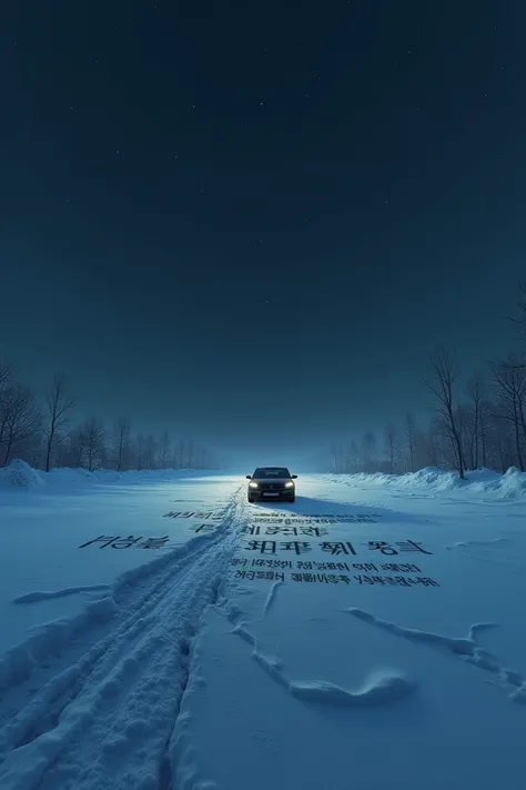 The inscription in the middle of  "Grand Mobile  16"  snow at night against the background of a car is standing like in a car market