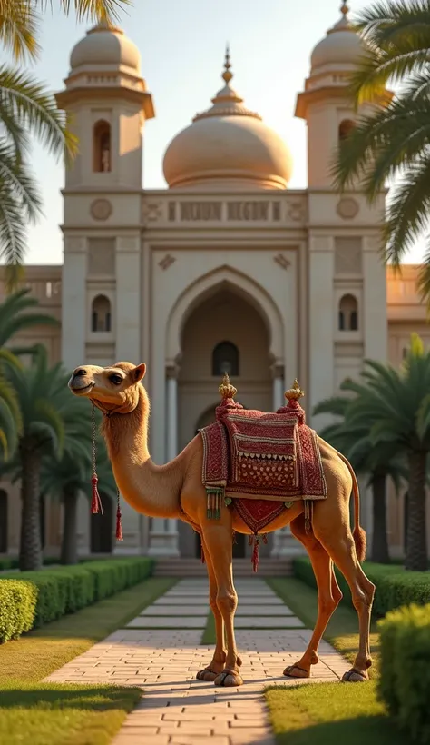 "A camel standing in front of a luxurious palace with intricate architecture, blending beautifully with the lush greenery, with realistic textures and lighting, sharp focus, and rendered in 8K resolution."