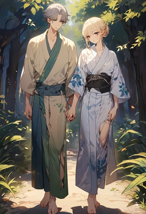 masterpiece, best quality, 8k ,4k, 2 boys, elf boys, long ears elf, twin elf, (one boy dark grayish hair with dark greenish eyes, torn and worn out clothes, yukata like clothes, thin body), (one boy light blond hair with dark bluish eyes, clean and neat cl...