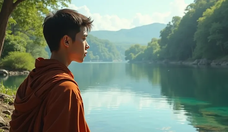 The young man thinks that the monk is ignoring his question. Just as he is about to speak, his attention is drawn to a river nearby. The water is completely still, reflecting the clear sky above. The calmness of the water mirrors the serene surroundings, a...