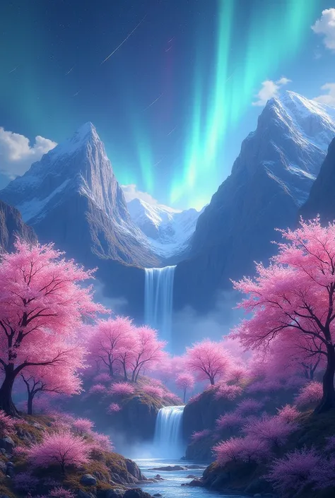 A peaceful big cherry blossom forest, in the midnight time, a sky full of star, ten big bolines fly through the mountain full of cherry blossom trees, an majestic aurora, a waterfall flows from the cliff of mountain, 4k, full HD, super details, ultra HD de...