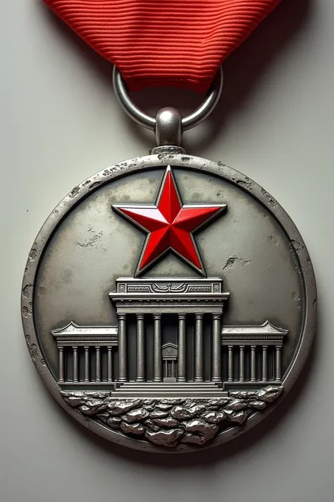  I need you to create the image of a circular Soviet medal . The medal must be silver ,  with some signs of deterioration and small bumps or scratches .  The medal must contain the front relief image of Lenins mausoleum .  A five-pointed star enameled in r...