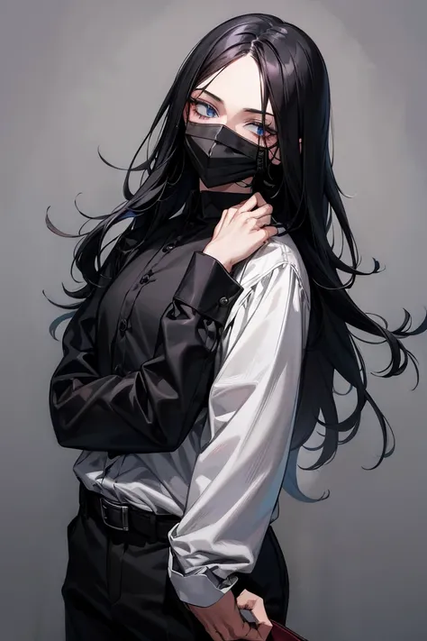 man, raven face mask ,  black long hair,  black medieval long sleeve shirt,  tucked into black pants 