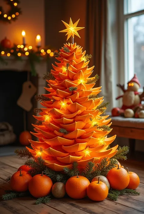 Fait une image réaliste dun sapin de Noël fabriqué à la maison par des écorces doranges 