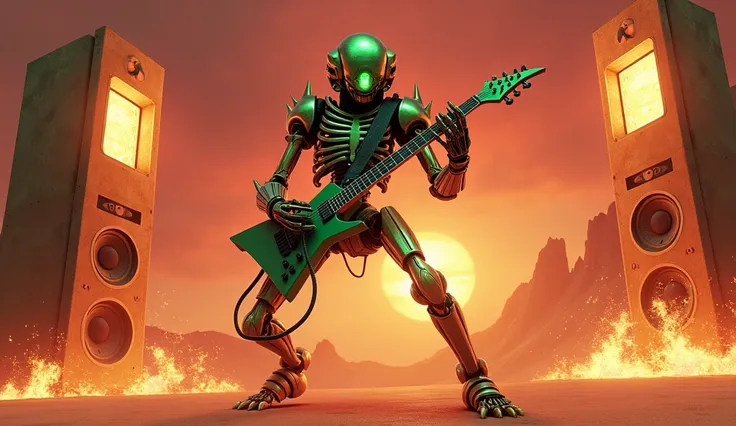 green necron plays rock guitar in the desert, there are huge fiery speakers on each side 