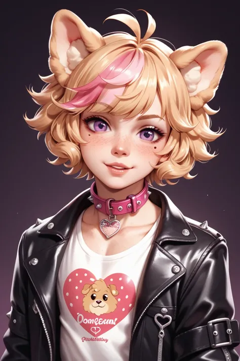 femboy, pomeranian dogboy, pomeranian dog ears, short curly hair, strawberry blond hair, purple eyes, dog collar, pop punk, preppy fashion, beauty marks, moles, freckles, fully clothed, giant leather jacket