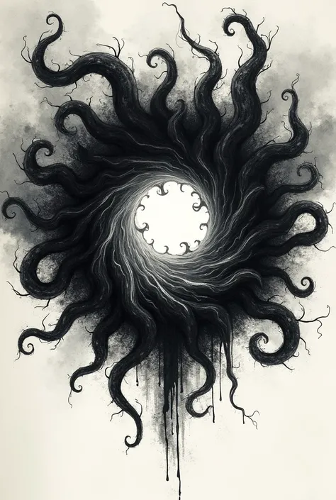 Make a space portal with black tentacles coming out of it in old ink style in black and white 
