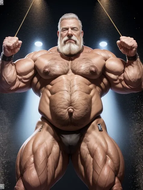 ((      Hyperrealistic image)) older man, bodybuilding champion  ,   surrounded by other older male bodybuilders , a big gray moustache shaped like a handlebar     , Bare and hairy chest,      bodybuilder over 80 years old who weighs more than 200 kg    , ...