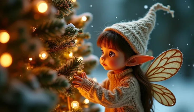 } ultra-realistic side view of two cute chubby and compact fairies,  decorating a big Christmas tree in a fairy forest at night ,  holding glowing ,  clothes fairies have expressive dark brown eyes and petal clothes ,  dressed in sweaters and hats ,  jewel...