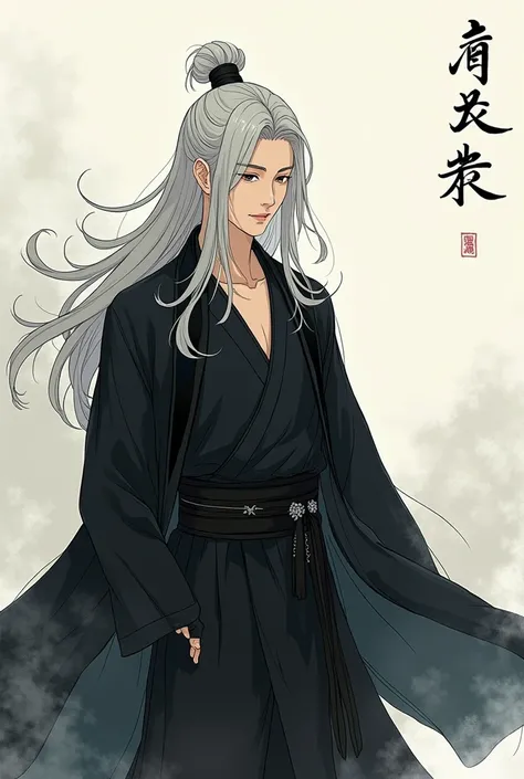  Create a Korean Manhwa style image , The.Murim and Martial Arts , sin armadura y que tenga el cabello largo  que Thea un hombre, with long hair and that is elegant , silver hair and black clothes,that has a gentle expression as if it were drawn in ink