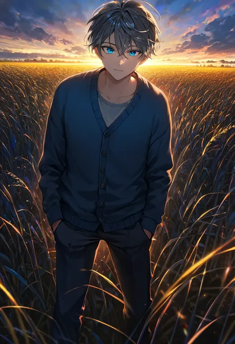 a young man with black and gray gradient hair, blue eyes, wearing a cardigan and wide-leg pants, with a calm expression, highly detailed, cinematic lighting, dramatic depth of field, vibrant colors, masterpiece, 8k, hyper-detailed