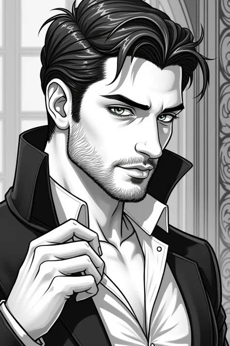 Hot handsome vampire with short hair and beard mestrobating coloring pages line art clean 