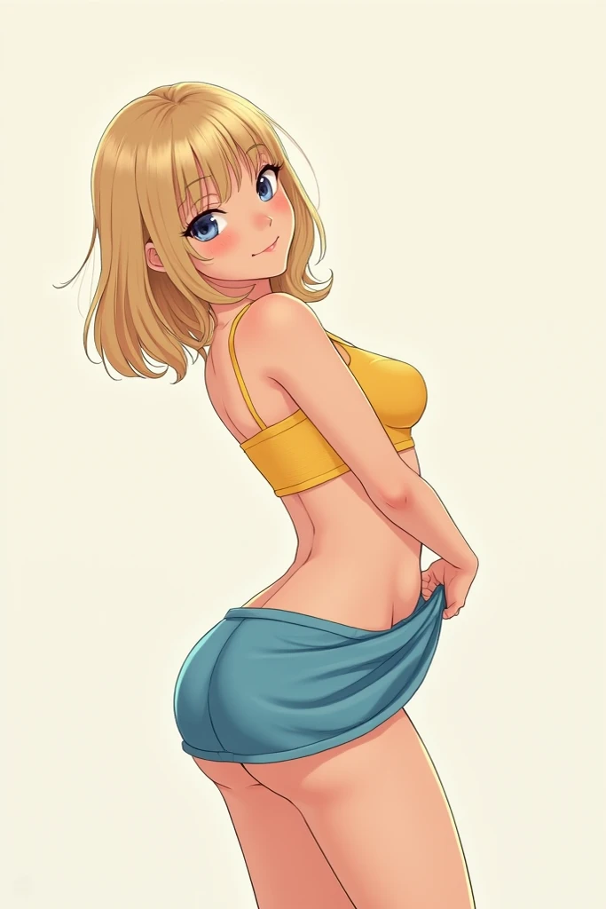 Very pretty, cute, blonde hair, shoulder blade length hair, 18 years old, snall butt, small breast,s, girl, bending over, looking over shoulder, covering virgina, smilling, nude ass, blue skirt, yellow croptop.