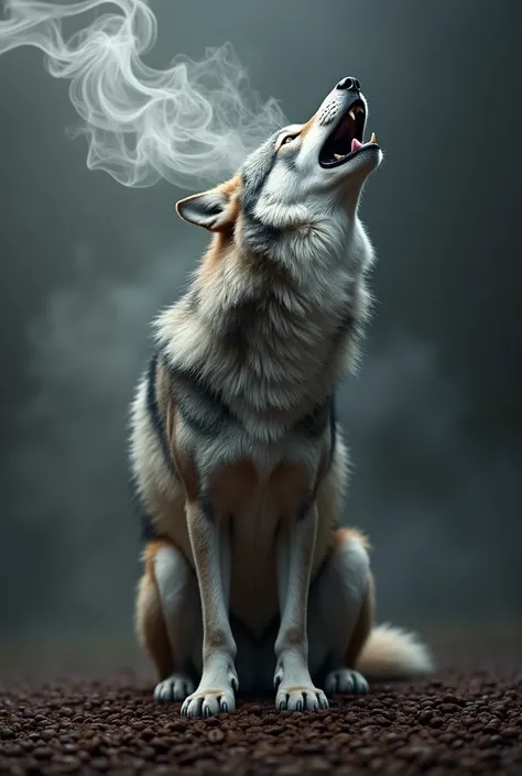 Coffee smoke rises from the mouth of a wolf howling over coffee beans.