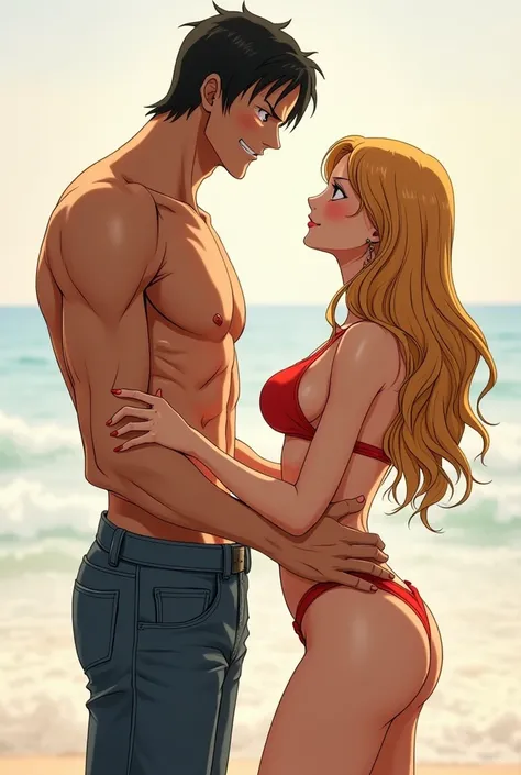 skinny muscular shirtless luffy growth spurt are huge: stand much taller than sexy bikini nami both are blush each other