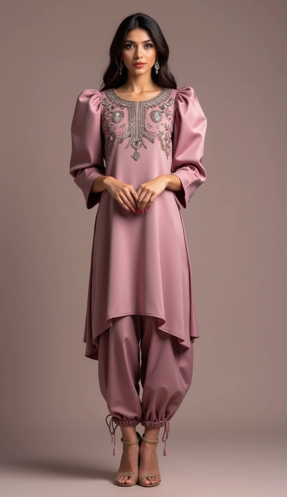 a tall and striking woman exudes confidence and charm with a flirtatious expression. she is adorned in a stunning punjabi style slimfit outfit featuring a mauve charmeuse fabric multicolor mirror stone on yoke part work with round neck kurti paired with a ...