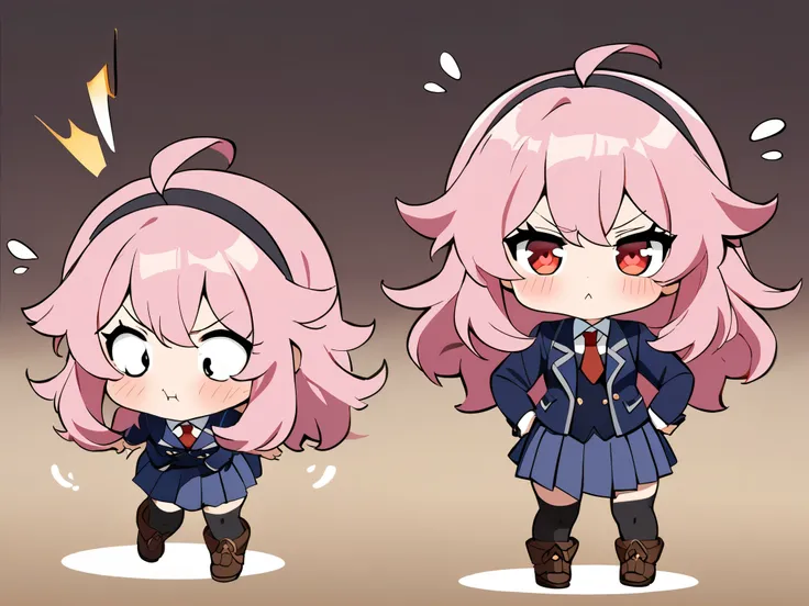 a cute angry girl, blush, puff up ones cheeks, standing, cute, round eyes, pretty, red necktie, brown shoes, small girl, indigo school uniform jacket, white school uniform shirt, floating hair, indigo school uniform skirt, very messy hair, ahoge, pink hair...