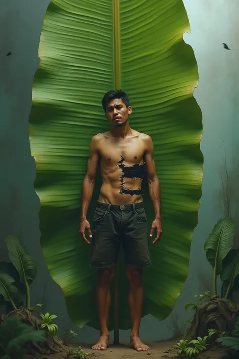 A 20-year-old Indonesian man stands on a banana leaf and half his body is torn by a banana leaf