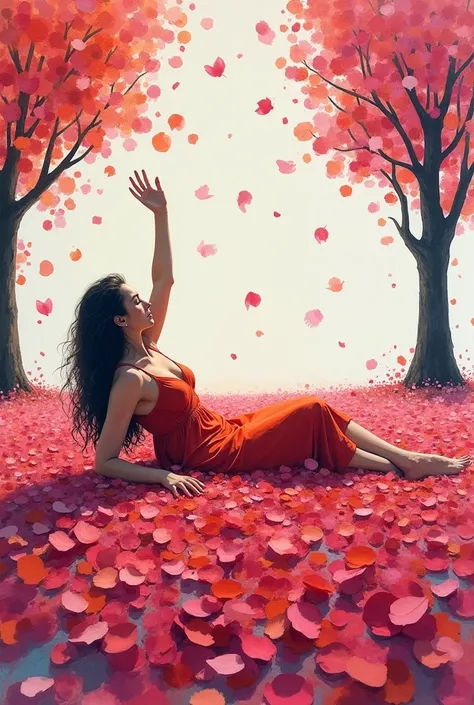 Color splash ink painting of a woman laying in a field of petals as petals fall from the sky , the petals are all over the ground covering most of her body in petals she stretches her left hand upwards towards the sky as it rains petals instead of rain , t...