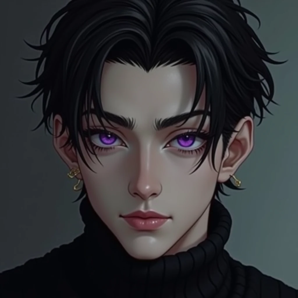 Handsome young man with black hair and purple eyes, pale skin, wearing a black sweater, his features are close to the screen