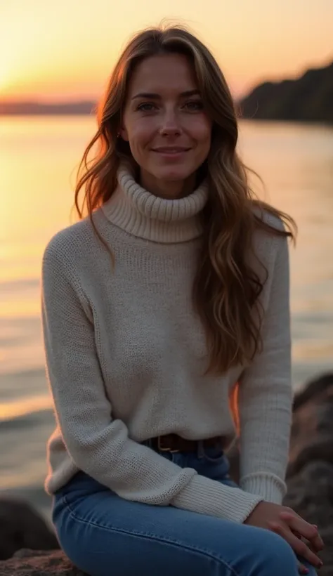 A 37-year-old woman in a high-neck sweater and jeans, sitting by a lake at sunset.