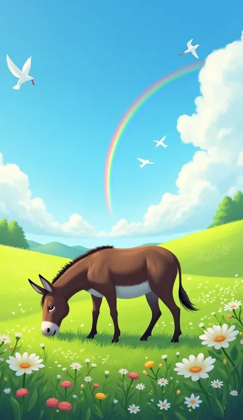 "A lush green meadow with flowers blooming under a bright blue sky. The donkey grazes peacefully, its body healthy and strong. Birds sing in the background, and a rainbow stretches across the horizon, symbolizing its newfound freedom and happiness."