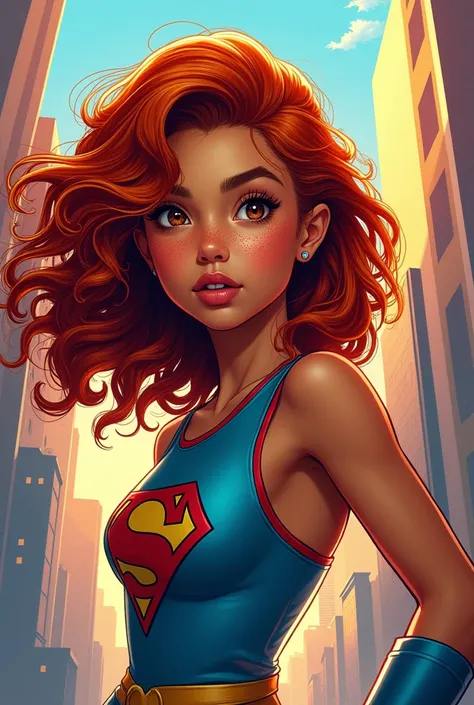 Create an image in the DC comics design of a  Brazilian girl, white with small freckles ,  brown eyes and red curly hair  