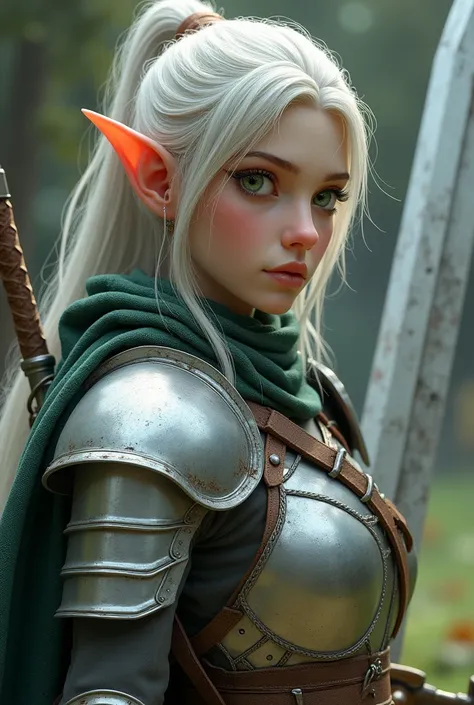 DeD character a 2m tall warrior elf with a large sword, Soft silver armor and silver sword with leather and shiny details, a bright on the cheek green eyes symptomatic