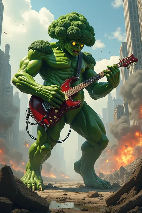 Monster brocolly playing electrict guitar. The background is big city with explotion of bomb.