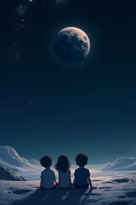 1girl and 2boys sit on the moon and see the stars