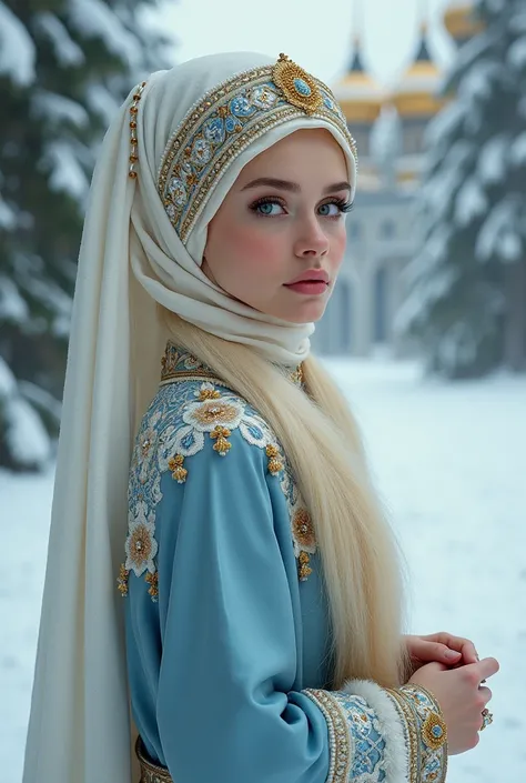 An unrealistically beautiful blonde hijabi  with big eyes and mega lush black eyelashes of megadong length, a cute snow maiden in an ancient Russian caftan embroidered with pearls, Vologda lace, and blue mink fur, wearing a rich winter coconuts on her head...