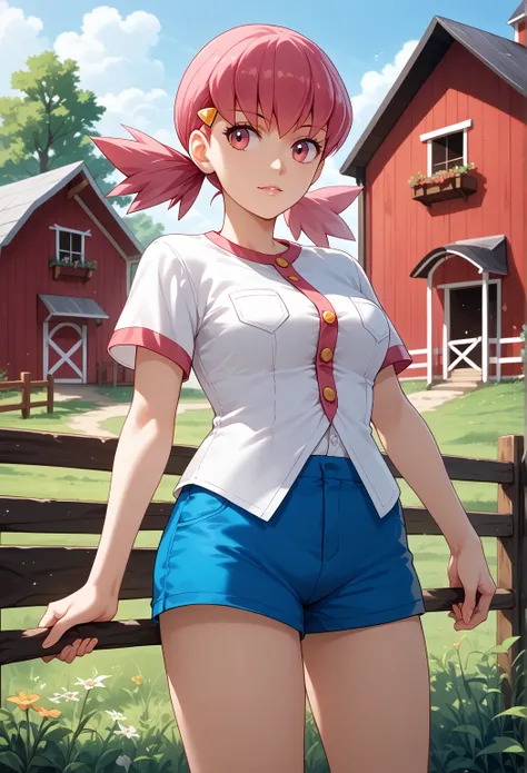 Perfect CG unity 8K UHD wallpaper, Perfect CG unity 8K UHD wallpaper, 1girl, solo, defwhitney, pink hair, low twintails, hair ornament, white shirt, short sleeves, blue shorts, outdoors, farm, cowboy shot, large breasts, button gap