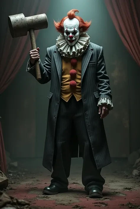 A strict clown with a hammer