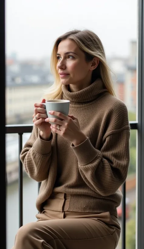 A 38-year-old woman wearing a high-neck cardigan and trousers, enjoying a cup of coffee on a balcony.