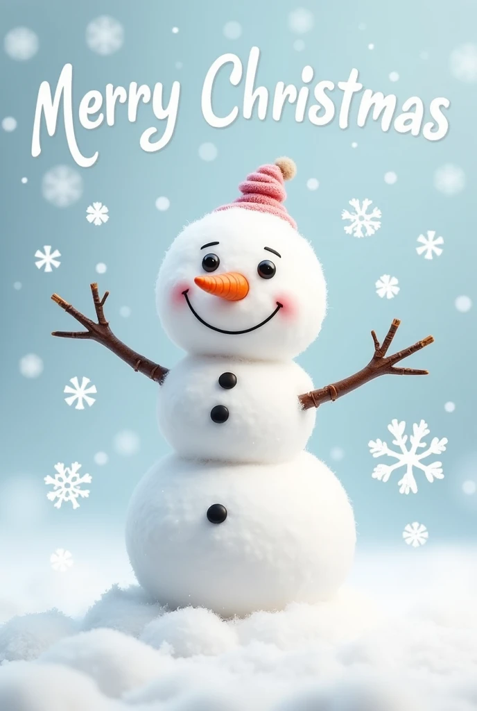 I want an emote with a little snowman from 
Christmas in a snowflake rain. Heureux et malicieux. In text Merry Christmas .  Transparent background 