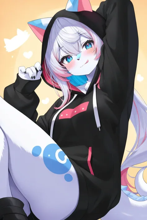 1girl,furry female,cute,hood,blue eyes,tongue,tongue out,long hair,long sleeves,bangs,hood up,black hoodie,arm up,multicolored hair,white hair,hair between eyes,puffy long sleeves,hoodie,puffy sleeves,drawstring,blush,closed mouth,:p,fake animal ears,virtu...