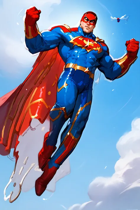 A male superhero with a costume in white and blue and red, a patriotic hero, gold trim to accessorize everything, flying in a masculine heroic pose