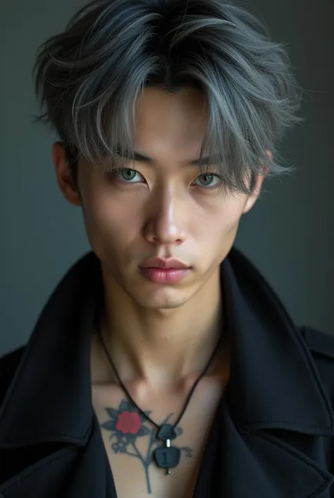 Portrait de Face d’un Idol Mâle 

Un jeune homme emo punk hot Asiatique ( Japonais ) . Regard ténébreux et sombre , yeux gris bleus . Des lèvres parfaits avec un petit nez . Cheveux coupe mi-long gris . Casual outfit . Model d’un jeune homme mature ( éléga...