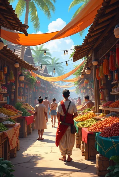  A merchant at a colorful traditional market ,  surrounded by exotic fruits , Spices and crafts .  The background shows a hustle and bustle with visitors and sellers in a tropical setting.

