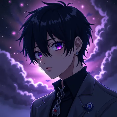 Umbra, his names describes his appearance, close up, with face, anime male, purple, space, galactic, eyes, beautiful, handsome