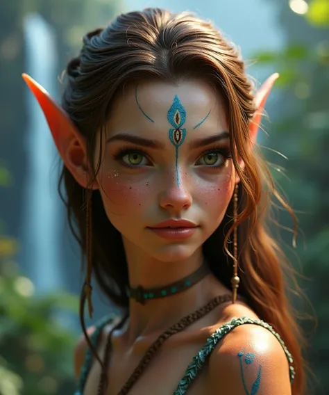 By using this face, make a navi from avatar movie. She must be from metkayina navi. She must be young and beautiful with brown hair. Use her face make it more lookalike 
