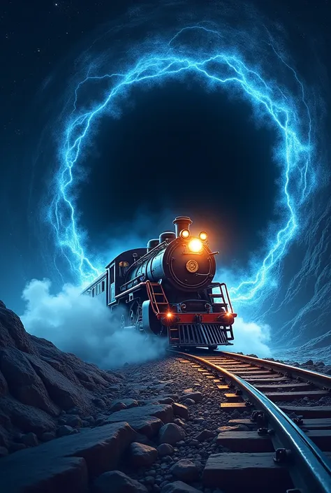 A curcus themed train racing into a black hole with blue waves crackling around it , give the trails sparks as a sign that the train is racing , write in time on the body of the train , give the surrounding a feeling as if there are in a galaxies 