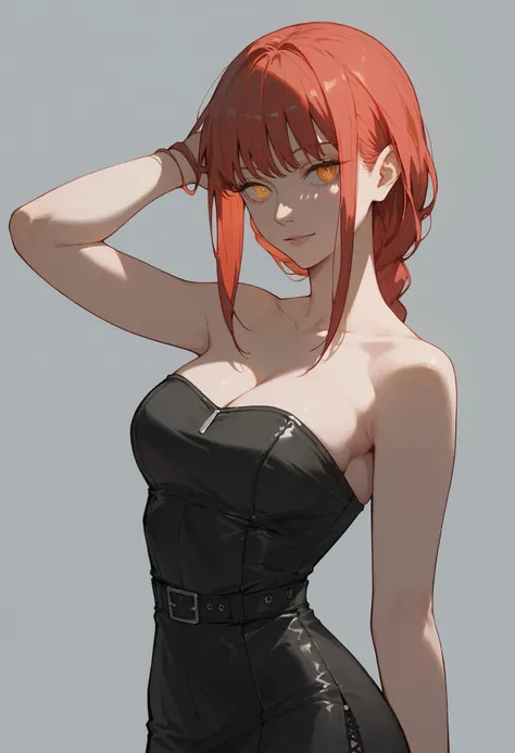 score_9, score_8_up, score_7_up, solo, 1girl, makima (chainsaw man), red hair, braid, black leather dress, short dress, strapless, sleeveless, perfect breasts, pose,  plain background